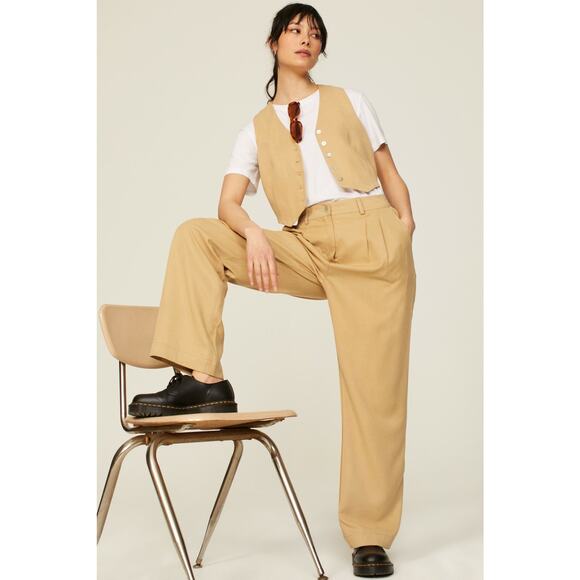 DONNI Twill Pleated Tan High Waist Wide Leg Trouser Pants Size Small - Picture 4 of 15